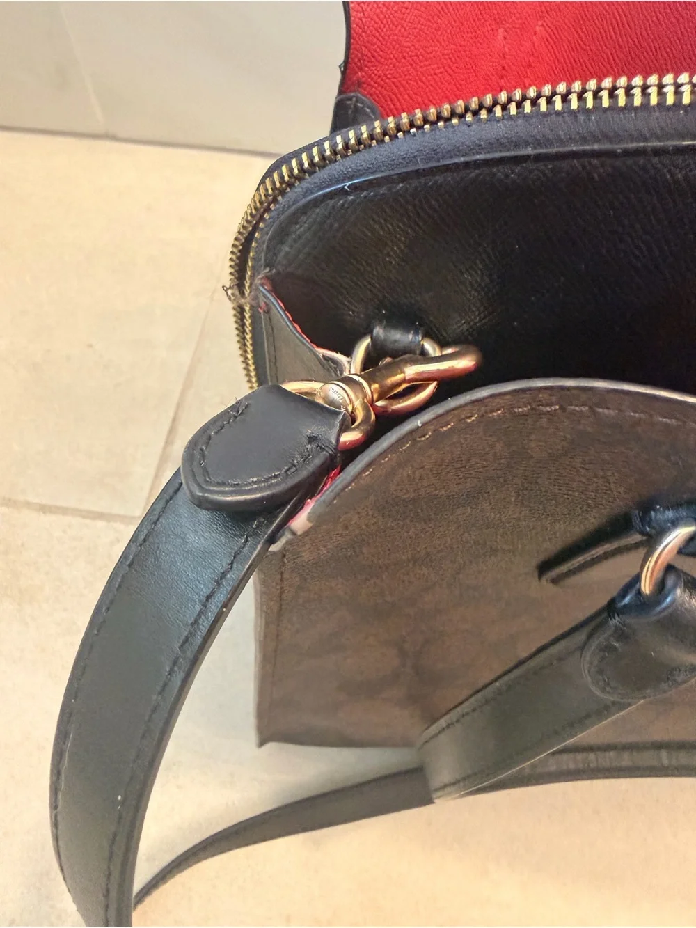 COACH Tatum  Brown Signature Crossbody Tote with Red Zip Accent